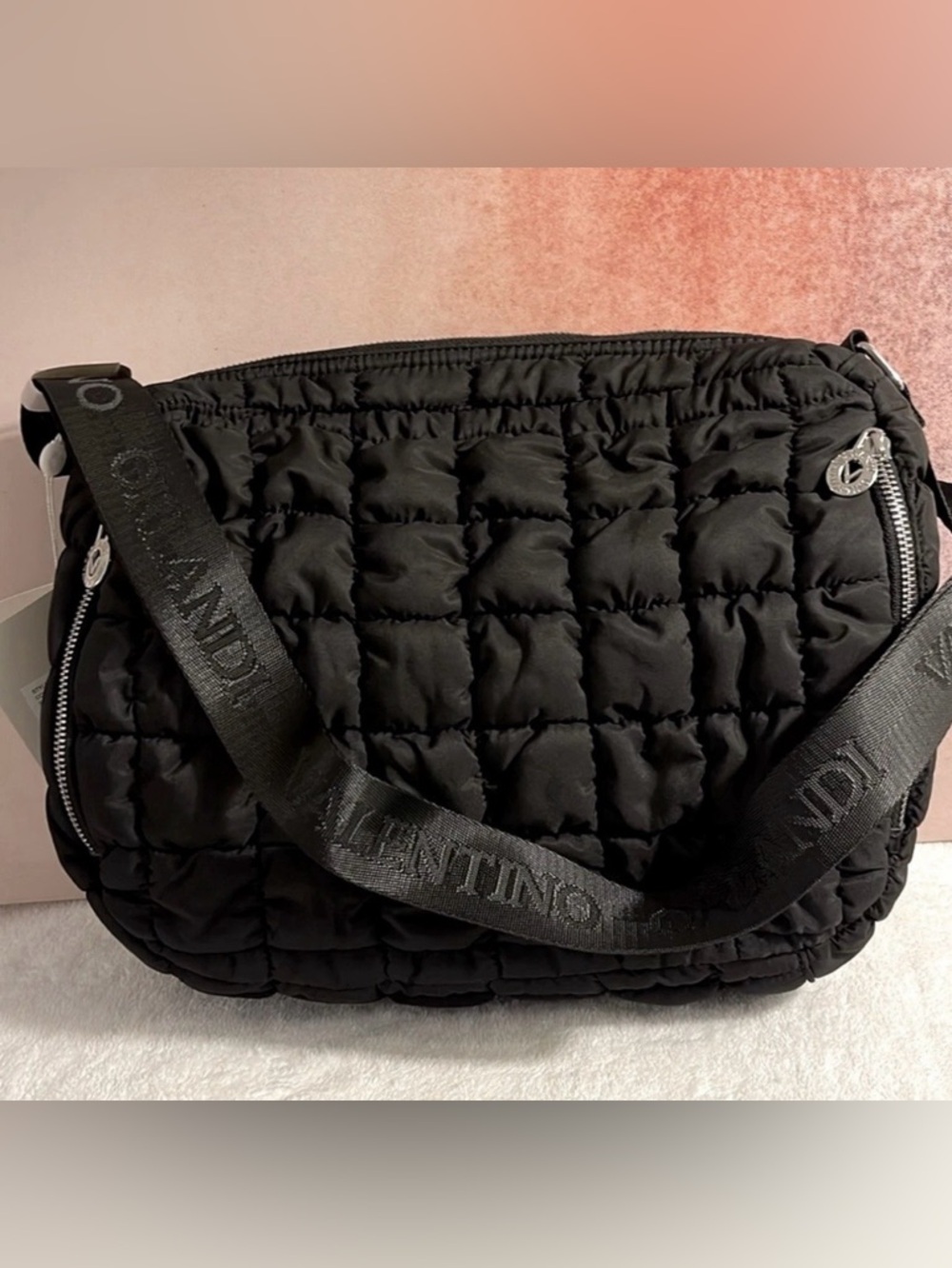 Valentino Orlandi Crossbody Bag Messenger Quilted Puffer Black Adjustable Strap
